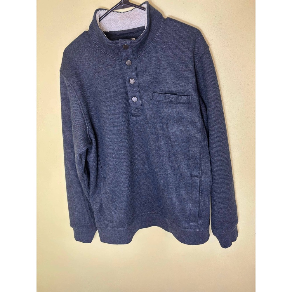 LL Bean Mens Pullover Sweater Fleece Lined Quarter Button Up Pocket Blue Med Reg